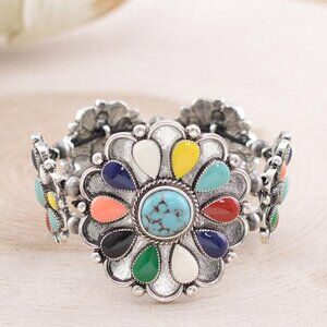 2" Turquoise Semi-Precious Stone Chunky Stretch Flower Silver Bracelet